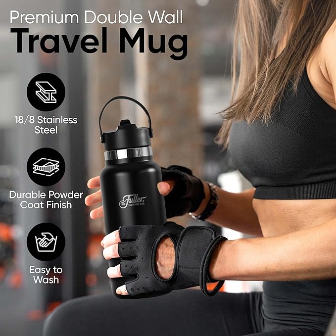 Fuller Stainless Steel Water Bottle with Straw Lid – BPA-Free, Sweat-Proof, Leak-Proof Travel Mug – Double Wall Insulated for Hot & Cold Drinks – Carry Handle (Black, 32 Oz.)