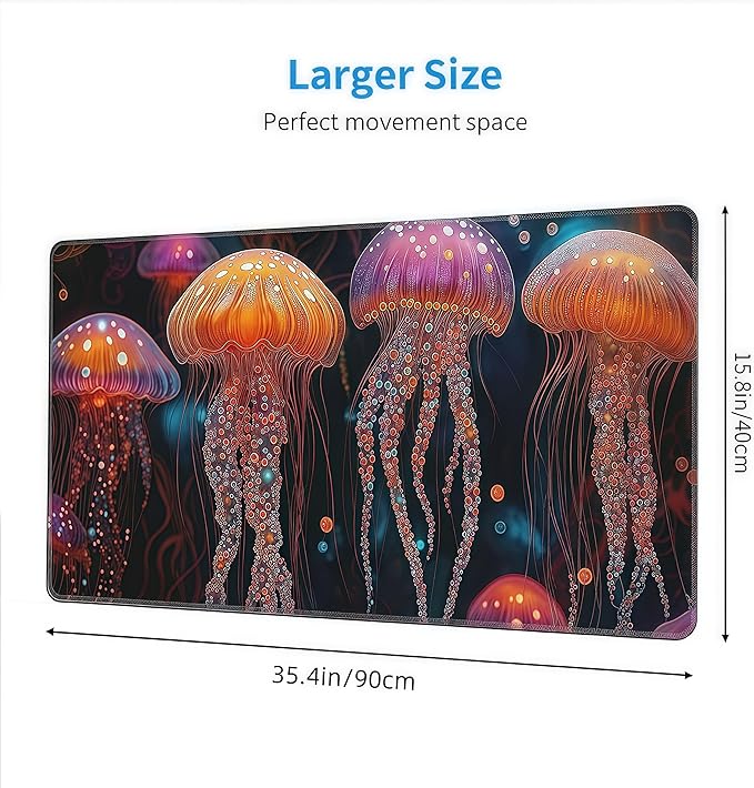 Large Fantasy Forest Jellyfish Gaming Mouse Pad - Blacklight Fairytale Waterproof Desk Mat, 35.4 X 15.8 Inch Extended Non-Slip Rubber Base for Office & Home