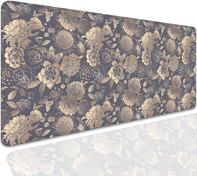 Vintage Roses and Peonies Desk Pad Mouse Pad,Dark Floral Mouse Mat with Stitched Edges,Non-Slip Rubber Base Black Mousepad for Office PC Keyboard Laptop and Home Work Desk Mat(27.5X11.8 in)