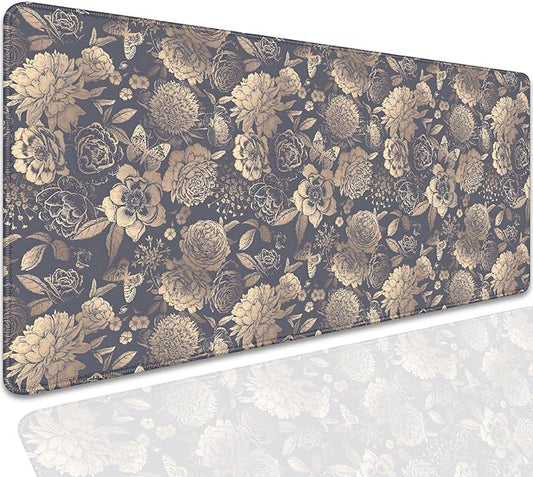 Vintage Roses and Peonies Desk Pad Mouse Pad,Dark Floral Mouse Mat with Stitched Edges,Non-Slip Rubber Base Black Mousepad for Office PC Keyboard Laptop and Home Work Desk Mat(27.5X11.8 in)