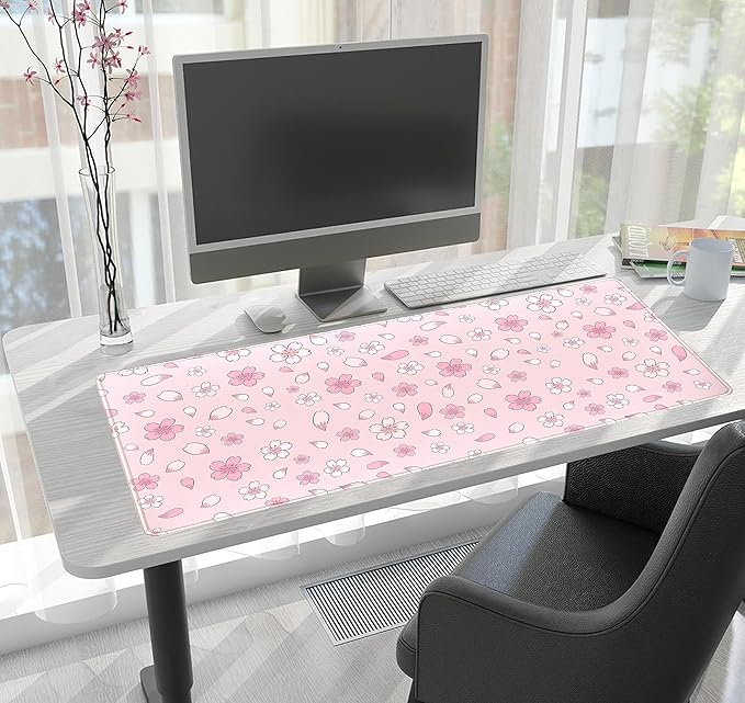 LuckyCow Pink Cherry Blossom Large Mouse Pad XXL 31.5''x15.7'', Pastel Anime Aesthetics Desk Pad Keyboard Mat Big Gaming Deskmat, Extended Mousepad Desk Accessories for Women Office Decor