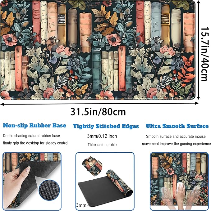 Floral Books Desk Mat Reading Desk Pad Mouse Mat XXL, Colorful Mouse Keyboard Pad Flower Bookshelf Desktop Mat, Long Computer Mats Aesthetic Desk Accessory Reader's Home Decor 31.5" x 15.7"