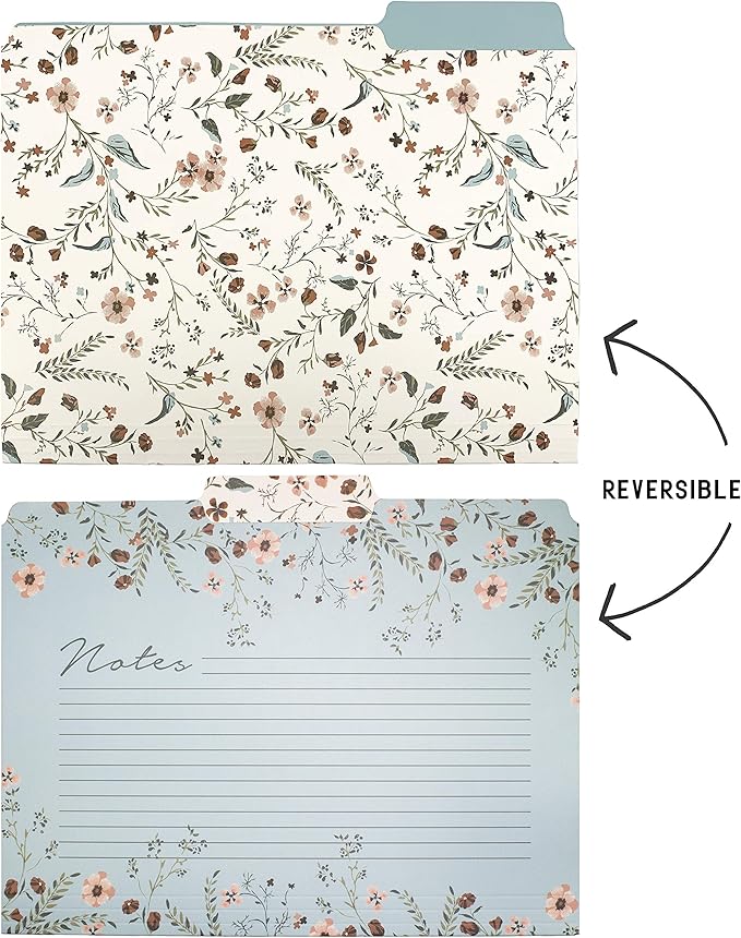 Steel Mill & Co Thick Sturdy File Folders Decorative, Set of 6 File Folders with Tabs and Sticker Labels, Cute Colored File Folders Letter Size with Notes Section, Woodland Floral