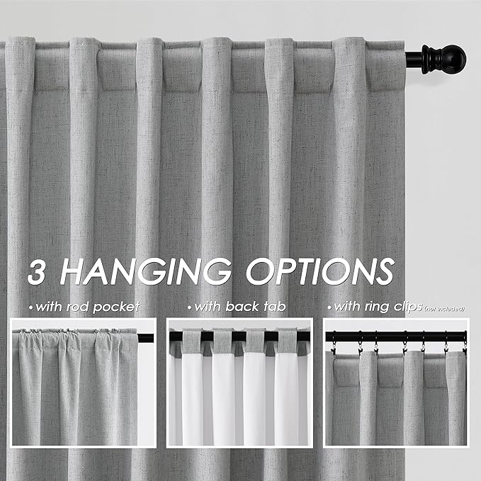 Silver Grey Linen Curtains for Bedroom Black Out 96 Inch Long Full Blackout Back Tab Pocket Curtains for Living Room Neutral Rustic Insulated Light Blocking Drapes 96 Inches Long 2 Panels 8 Ft