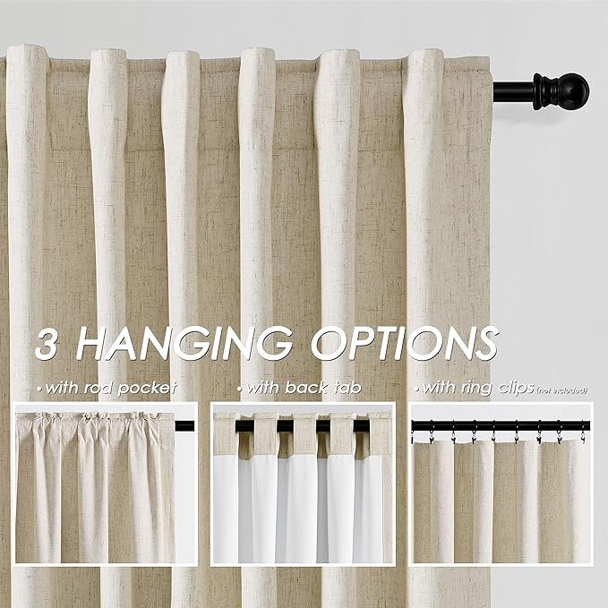 Tan Beige Linen Blackout Curtains 86 Inches Long for Bedroom Back Tab Burlap Flax Linen drapes Blackout Rustic Farmhouse Full Light Blocking Thermal Insulated Curtain 86 Inch Length 2 Panels