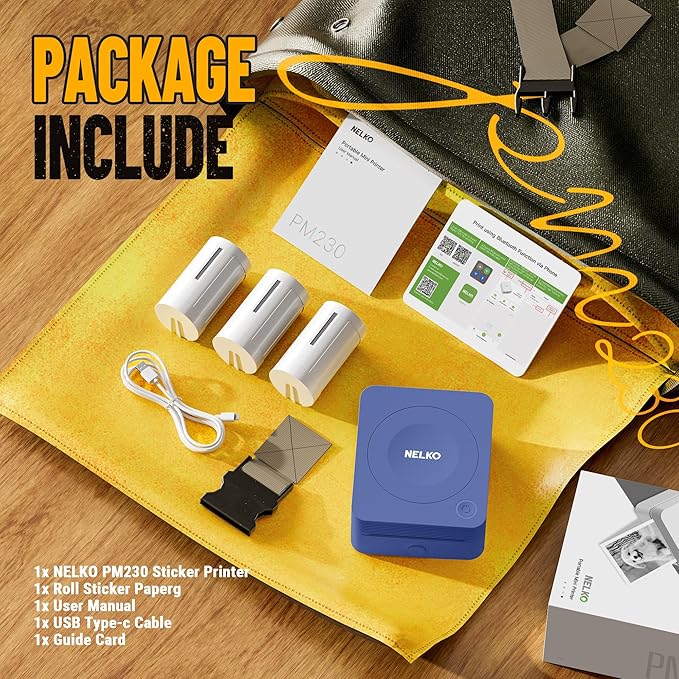 Nelko Sticker Printer, PM230 Print Pod Mini Bluetooth Portabel Sticker Maker with 3 Rolls Paper, Print Pods Mini Printer with Multiple Templates for Phone & Tablet，for School Office Home, Blue