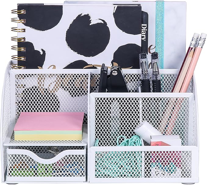 Exerz Desk Organizer White Office Desk Accessories Supplies Office Storage Desktop Pencil Pen Holder with Drawer Home Workspace