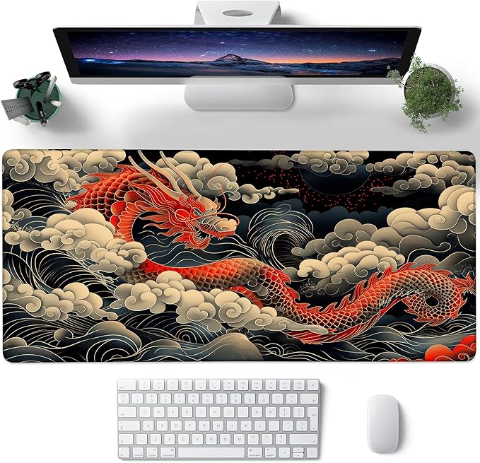 Desk Pad, Japanese Wave and Red Dragon Auspicious Clouds XL Gaming Mouse Pad with Stitched Edges,Non-Slip Waterproof Rubber Base Large Desk Mat for Keyboard and Mouse 31.5"x11.8"