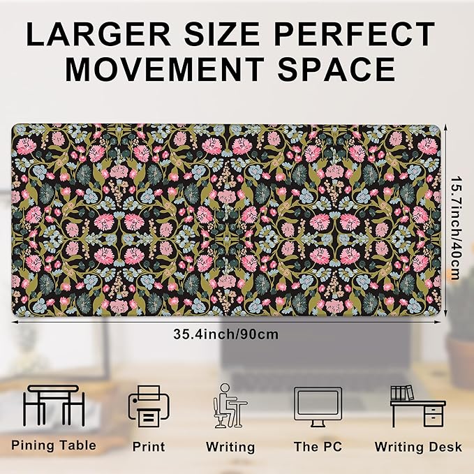 Gaming Mouse Pad, Vintage William Morris Floral Large Desk Mat for Keyboard and Mouse,Non-Slip Rubber Base and Stitched Edges Desk Pad for Home Office 35.4x15.7in