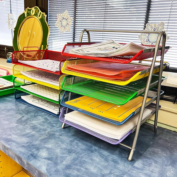 Mind Reader 5-Tier Paper Tray Organizer with Multicolor Trays, Classroom File Organizer for Teachers, Metal Mesh, Assorted Colors