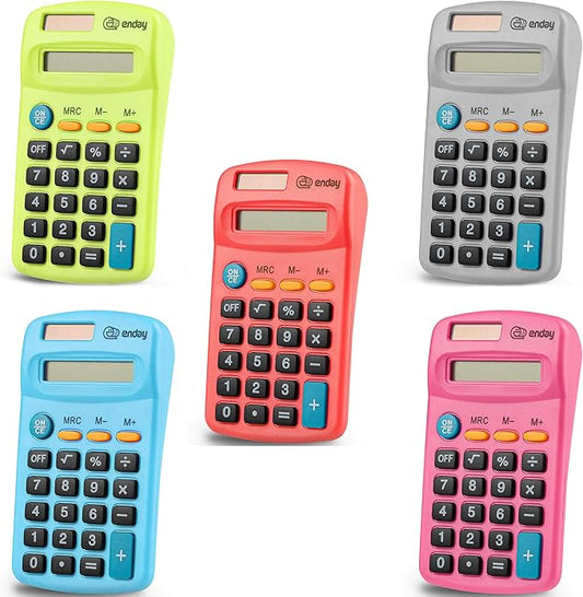 Pocket Size Calculator 8 Digit, Dual Power, Large LCD Display, School Student Desktop Accounting Office Calculators (Pack of 5) Colors May Vary