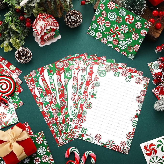 TaoBary 160 Pcs Stationery Paper Set 50 Double Sided Stationery Papers with 50 Matching Envelopes and 60 Round Dot Sticker, 10 Design(Christmas Candy,5.5 x 8.25 Inch)