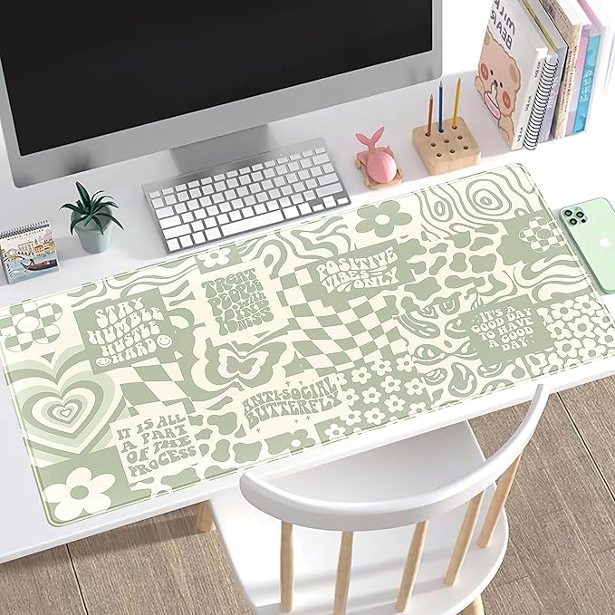 Boho Aesthetic Desk Mat Beige Retro Hippie Boho XXL Large Extended Gaming Green Sage Mouse Pad Women Gamer Girl Work Office Computer Deskmat Mousepad Laptop Keyboard Mat Desk Pad 31.5x15.75 in