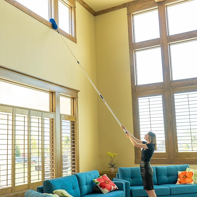Cobweb Duster with Extension Pole, Plus Size Microfiber Ceiling Fan Duster Extendable 20 feet Reach, 3-Stage Aluminum Telescoping Pole Long Handle Webster Duster for Cleaning
