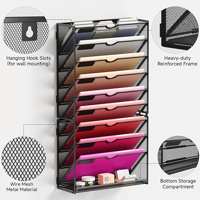 Lavatino 10-Tier Hanging Wall File Folders Organizer - Black Metal Mesh Paper Magazine Document Mail Holder File Organizer for Office School Home Wall Mount or Desk Supplies Organization