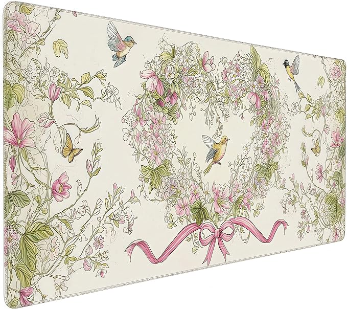 Floral Heart Pattern XXL Mouse Pad, Desk Mat with Non-Slip Base, Pink Keyboard Mat with Stitched Edges 35 x 15.8 inches