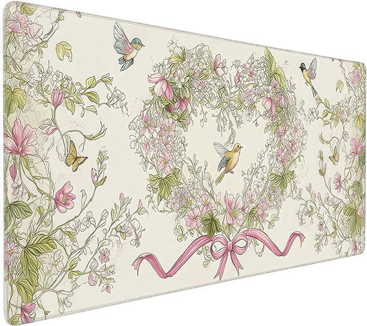 Floral Heart Pattern XXL Mouse Pad, Desk Mat with Non-Slip Base, Pink Keyboard Mat with Stitched Edges 35 x 15.8 inches