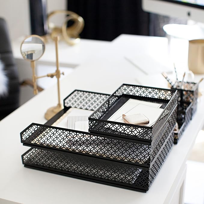 BLU MONACO Black Desk Organizer Set for Women – 6-Piece Interlocking Office Supplies Set, Pen Cup, 3 Accessory Trays & 2 Letter Trays, Black Stackable Paper Tray Holder