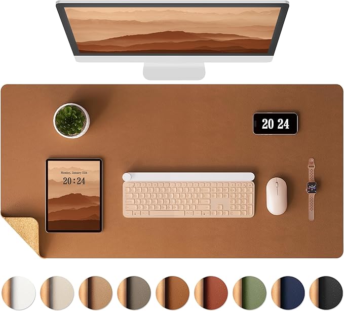 Aothia Double-Sided Desk Pad, 35.4" x 15.7"Leather Desk Mat, Eco Cork Desk Pad Protector,Large Mouse Pad,Waterproof Desk Blotter for Office/Home(Brown)