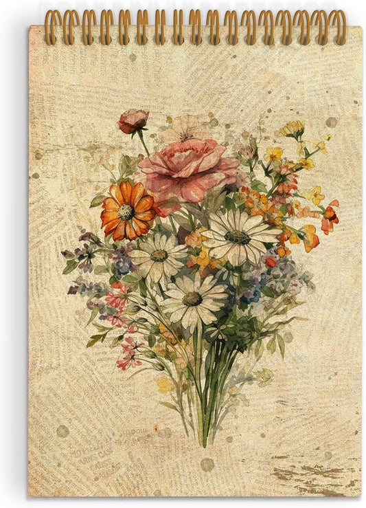 Vintage Floral Top Spiral Notebook, Flower Journal Notebook, Floral Journal, Retro Floral Plant Notebooks for School Work, Boho Botanical Office Supplies Gifts for Women Men Christmas, 5.5x8.3In