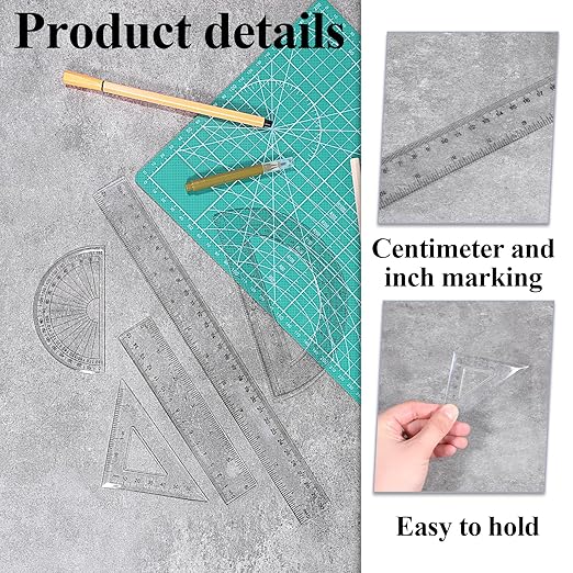 6 PCS Clear School Rulers Set, 2 Straight Rulers 12|6", 2 Protractors 180 Degree, 2 Triangle Ruler 45 | 60 Degree, Geometry Math Ruler Measuring Tool for School Office Home