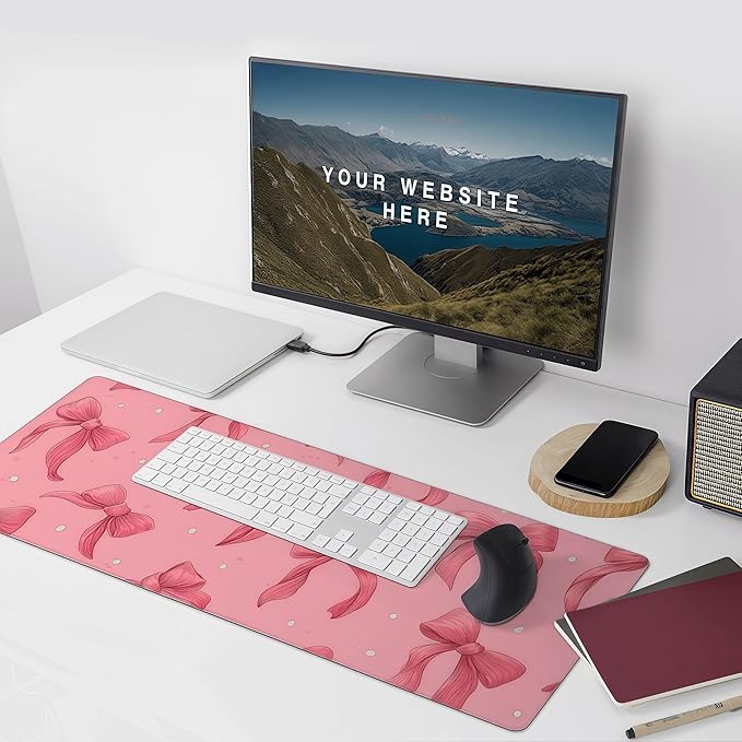 Large Pink Mouse Pad with Bows, Non-Slip Desk Mat for Laptop PC, Gaming Mousepad, 35.4 x 15.8 inches