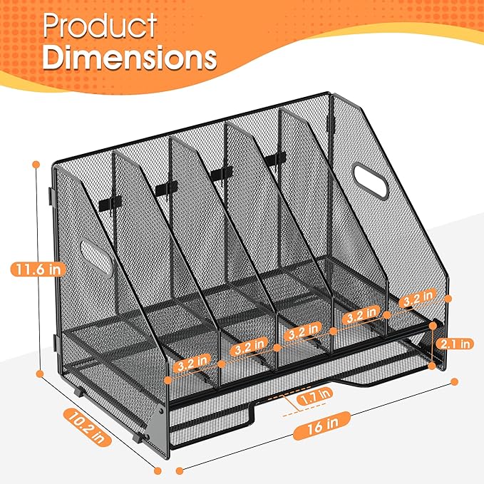 Desk File Folder Holder Organizer-5 Vertical Compartments Racks and Paper Letter Tray,Mesh Magazine File Holder Sorter,Desktop Accessories & Workspace Organizers for Home,Office,School-Black