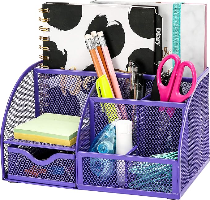 Exerz Desk Organizer Purple Office Desk Accessories Supplies Office Storage Desktop Pencil Pen Holder with Drawer Home Workspace