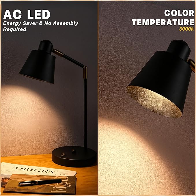 LED Desk Lamp with Dual USB Charging Ports, 100% Metal, 270° Swivel Arms, Soft White Light (3000K), Bedside Reading Lamp, Home Office Lamp (Black)