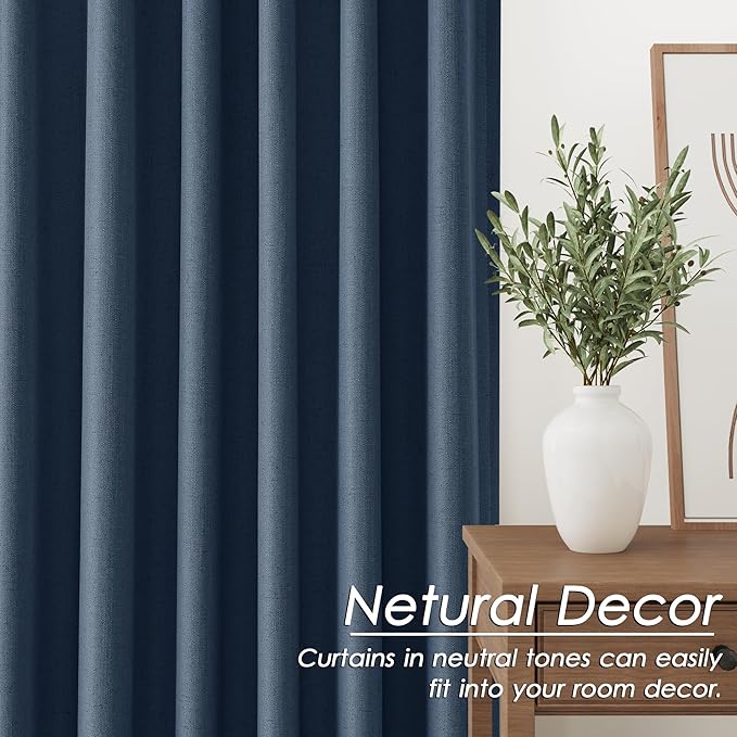 Denim Blue 108 Inches Long 2 Panel Set Linen Blackout Curtains Back Tab Pocket Cotton Texture Room Darkening Thermal Insulated Sound Proof Curtains for Bedroom Cottage High Windows 52x108