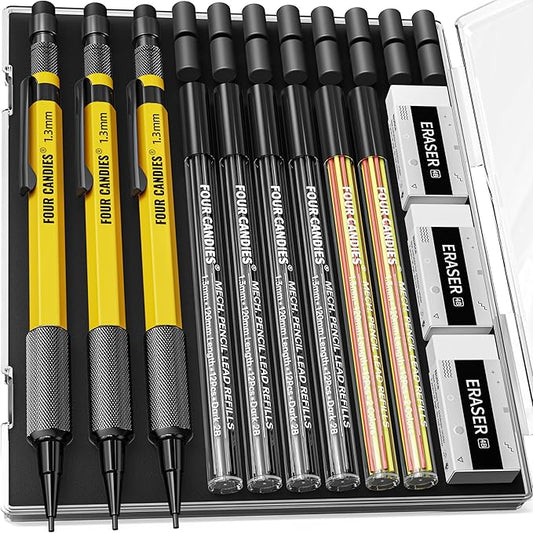 Four Candies 3PCS 1.3mm Mechanical Pencil Set with Case, Metal Heavy Duty Carpenter Pencils with 72 Refill(Red,Black,Yellow) 3Eraser, 16Eraser Refill, Weatherproof Body Outdoor Woodworking Marking