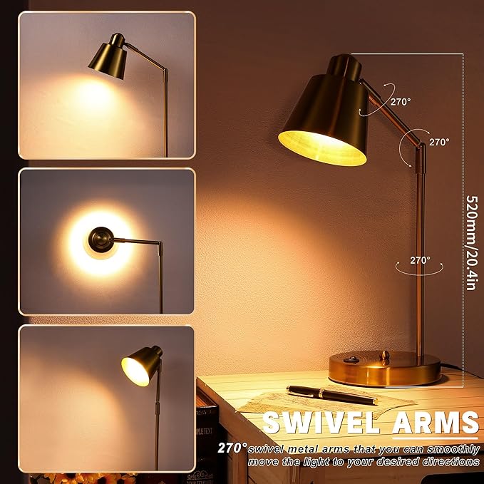 LED Desk Lamp with Dual USB Charging Ports, 100% Metal, 270° Swivel Arms, Soft White Light (3000K), Bedside Reading Lamp, Home Office Lamp(Golden)