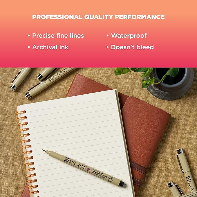 SAKURA Pigma Micron Fineliner Pens - Archival Black and Colored Ink Pens - Pens for Writing, Drawing, or Journaling - Black and Colored Ink - 01 Point Size - 8 Pack