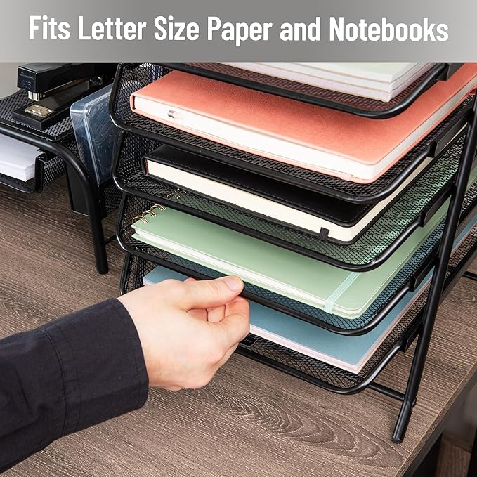 Mind Reader 5-Tier Paper Tray Organizer, Vertical Desktop File Storage Rack, Office, Metal Mesh, Black