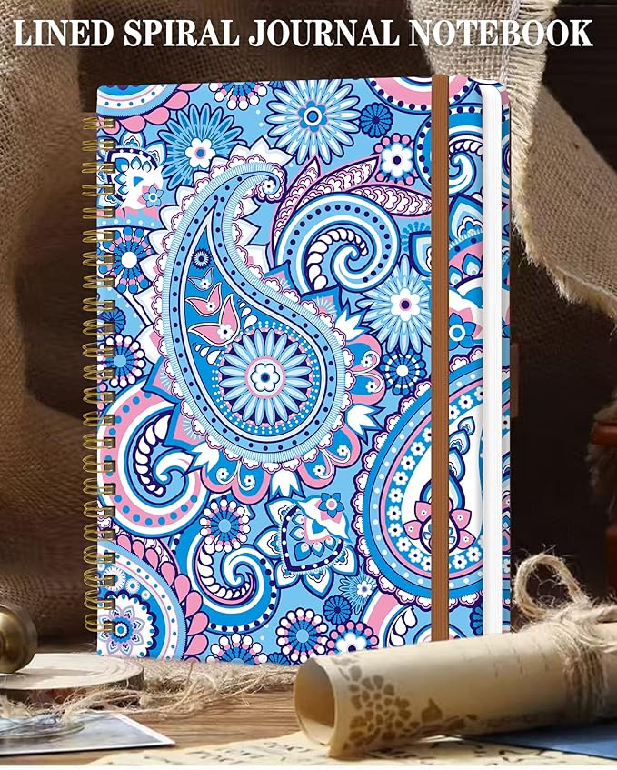 Spiral Journal Notebook for Women, Hardcover A5 College Ruled Notebook, 120 Pages, Thick Paper, Cute Lined Journal for School, Office & Work, 6 x 8.4 in(Asian Paisley)
