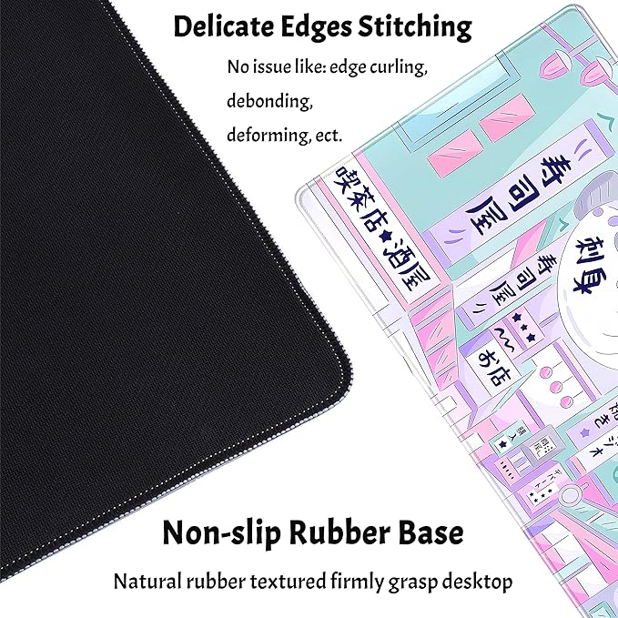 Pastel Tokyo Street Cute Desk Mat - Kawaii Anime Japanese Large Gaming Mousepad - Beige Desktop Laptop Keyboard Mouse Pad - City Aesthetics for Women Girl 31.5x15.75 in