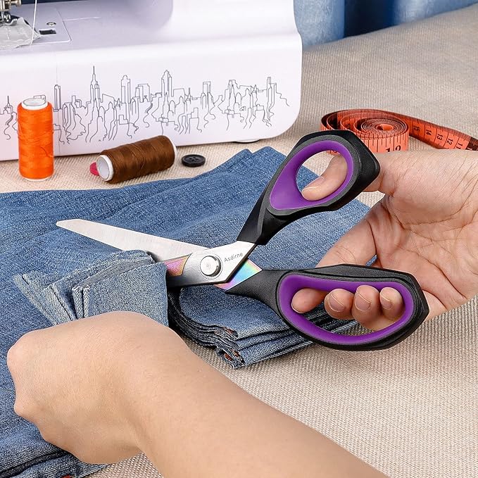 Professional Fabric Scissors, Heavy Duty Titanium Coating Sewing Scissors, Ultra-Sharp Blade Fabric Shear, Ergonomic Rubber Handle, Great for Craft, Sewing, Leather Tailor, 9.4”, Black/Purple