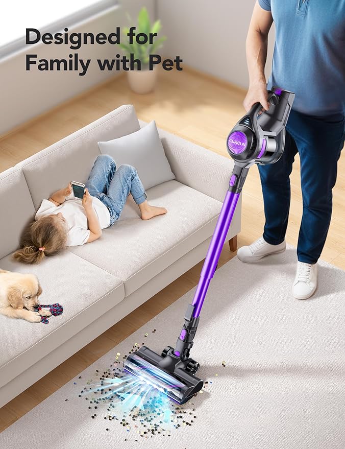 QikCln Cordless Vacuum Cleaner, 23 Kpa Powerful Suction, 1.3 L Large Capacity, 2 Modes & 30Mins Runtime, Rechargeable Stick Vacuum for Pet Hair Hardwood Carpet - Purple