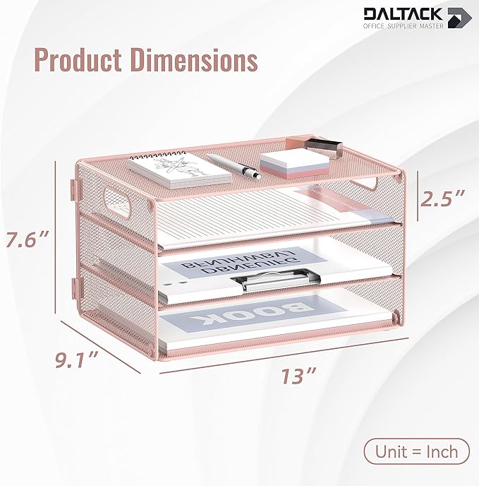 DALTACK 3 Tier Letter Tray Paper Organizer with Handle, Mesh Desk File Organizer, Paper Tray Desk Organizer for School Office Home, Metal Mesh, Pink