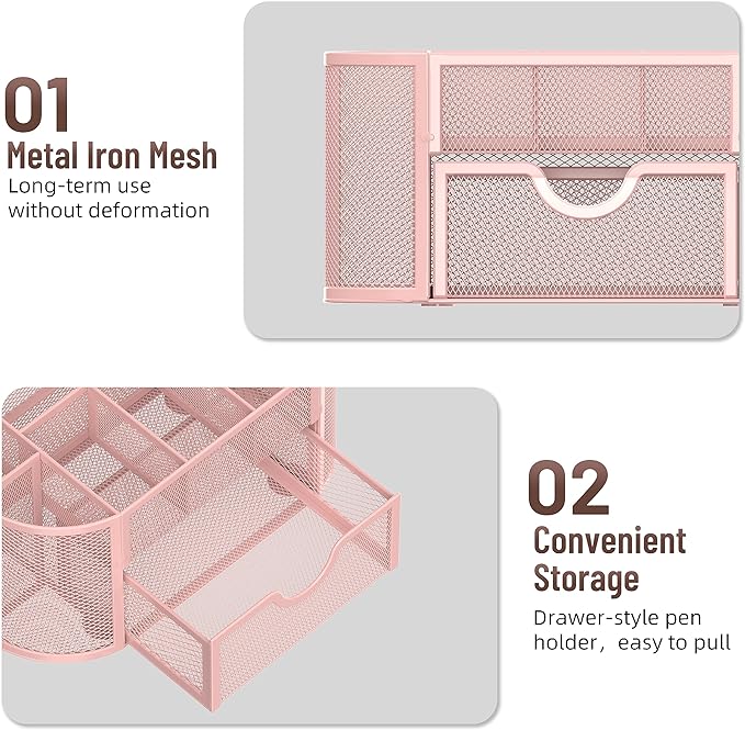 SUPEASY Mesh Desk Organizer, Desk Accessories & Workspace Organizers with Drawers, Pencil Holder for Desk with 9 Compartments for Office Suppliess, 8.6 x 4.3 x 4.1 Inch, Pink
