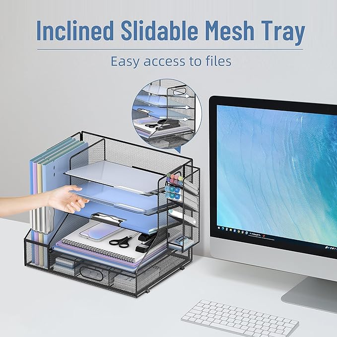 SUPEASY Desk Organizer with File Holder, 5-Tier Mesh Paper Letter Tray and 3 Tilted File Sorter for Office Supplies, Black