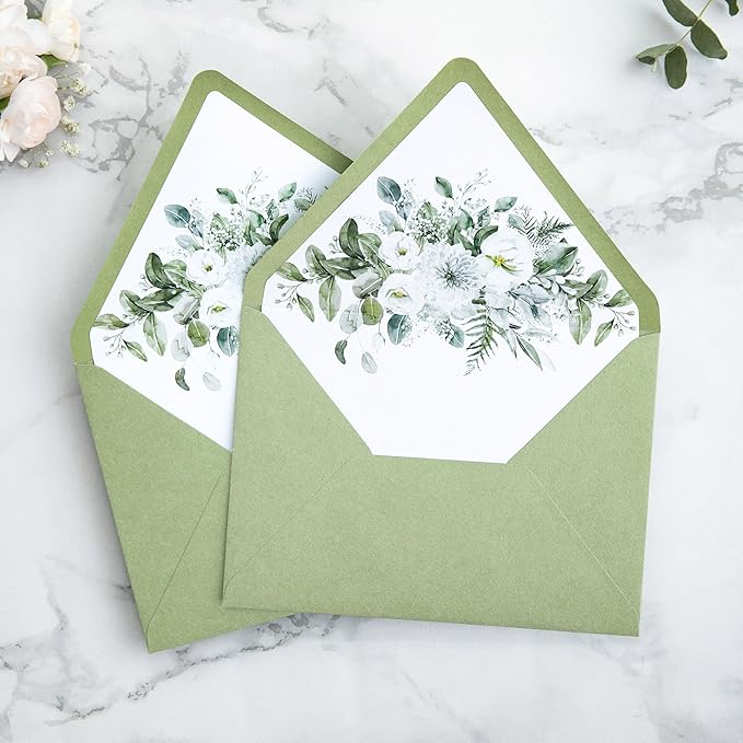 PONATIA 50PCS A7 Euro Flap Envelopes, 5.25 x 7.25'' Sage Green Flowers Liner Envelope for Wedding Invitations, Photos, Postcards, Greeting Cards, Christmas Gift, Acrylic Mailing, 5 x 7 Envelopes