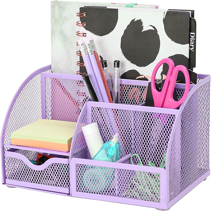 Exerz Desk Organizer Light Purple Office Desk Accessories Supplies Office Storage Desktop Pencil Pen Holder with Drawer Home Workspace