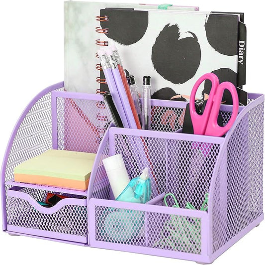 Exerz Desk Organizer Light Purple Office Desk Accessories Supplies Office Storage Desktop Pencil Pen Holder with Drawer Home Workspace