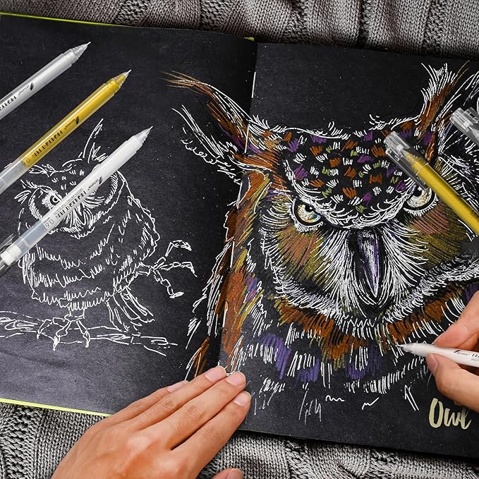 0.6mm Fine Point Gold Gel Pens, 3-Pack for Artists Drawing on Black Paper, Sketching, Adult Coloring Books & Holiday Crafts