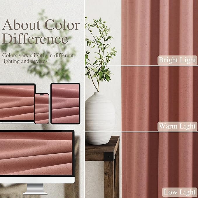 Blackout Linen Curtains 90 Inch Length 2 Panels Canyon Rose Rustic Farmhouse Back Tab Pocket Noise Reducing Drapes Thermal Insulated Flax Linen Curtains for Bedroom and Nursery Windows 52X90