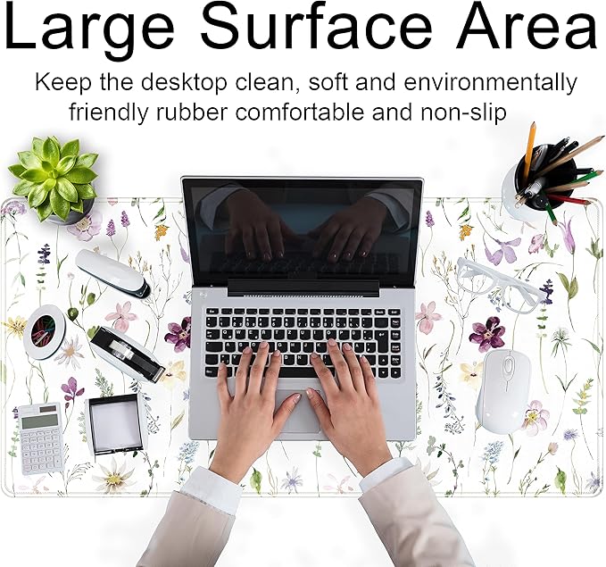 Cute Flower Mouse Pad Aesthetic Desk Mat Plants Large Extended Gaming Mousepad Floral XXL Desk Pad Keyboard and Mouse Mat 31.5''x15.75'', Desktop Decor Protectors Mats for Women Office Girl Gamer