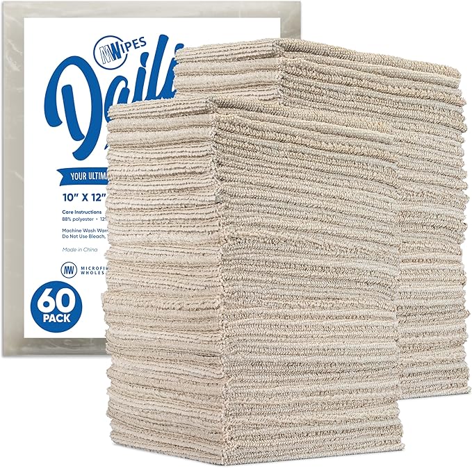 Microfiber Wholesale Dailies Microfiber Cleaning Cloths | 60-Pack (Beige) 12"x10" | Fits TowelNest Dispenser | Reusable, Absorbent, Washable | Eco-Friendly Paper Towel Alternative
