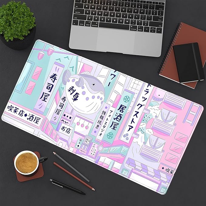 Pastel Tokyo Street Cute Desk Mat - Kawaii Anime Japanese Large Gaming Mousepad - Beige Desktop Laptop Keyboard Mouse Pad - City Aesthetics for Women Girl 31.5x15.75 in