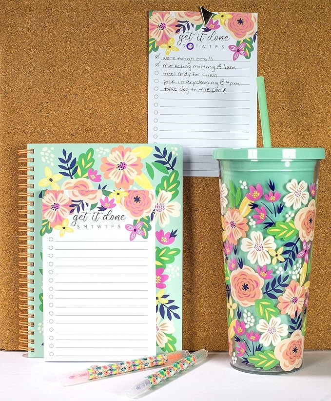 Steel Mill & Co Cute Green Mini Spiral Notebook, 8.25" x 6.25" Journal with Durable Hardcover and 160 Lined Pages, Mint Floral